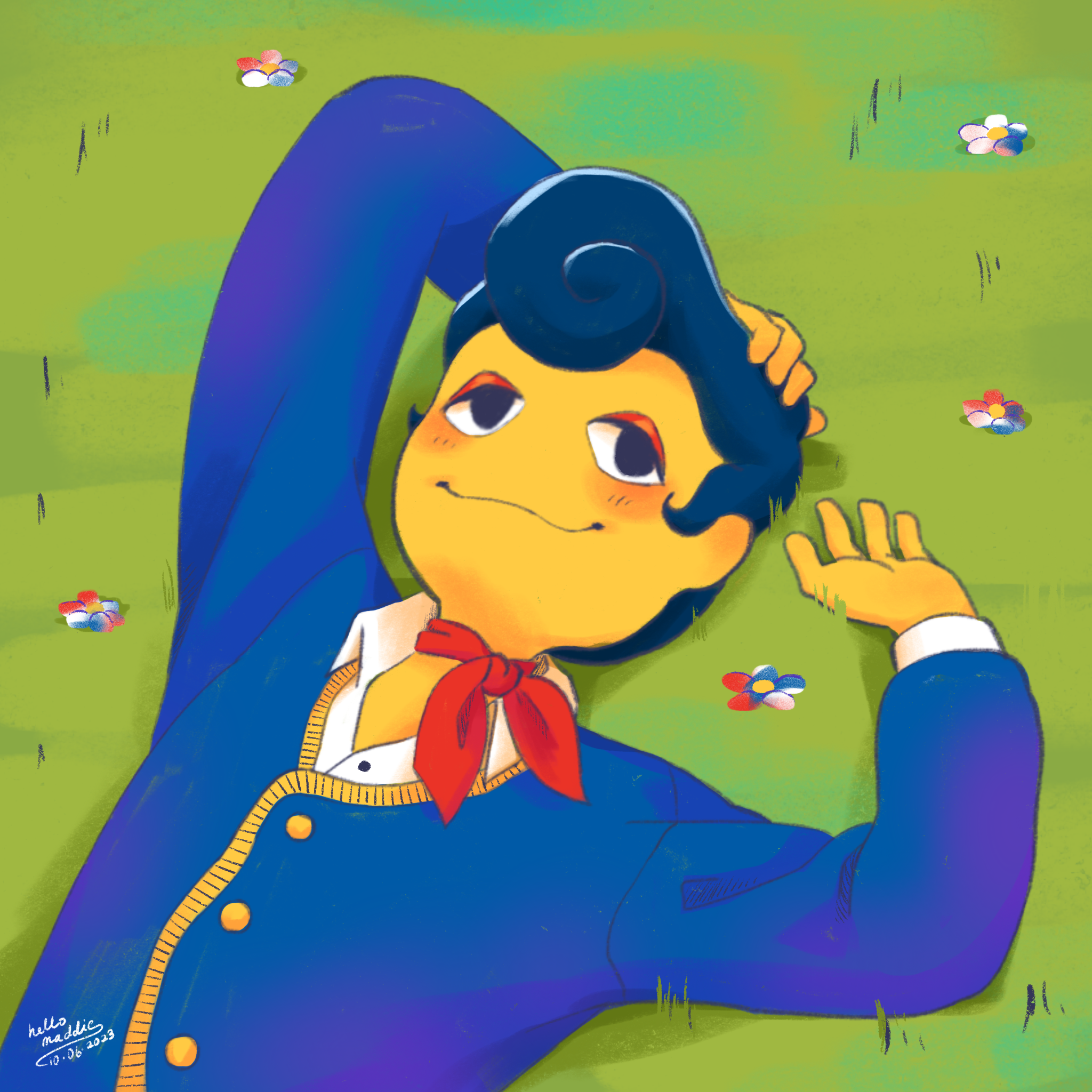 Fan art illustration of Wally Darling from Welcome Home lying peacefully in a grassy field dotted with small flowers, one hand resting on his hair.